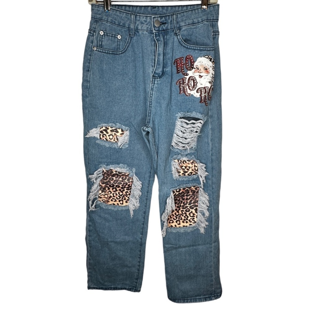 Distressed Christmas Jeans with‎ Animal Print